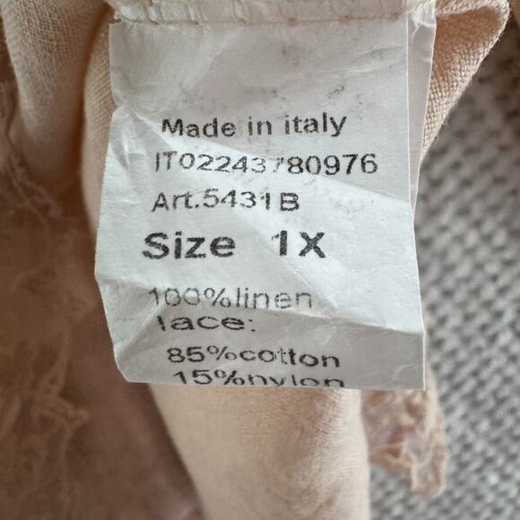 Stella Martini Top 1X Blush Pink Linen Pullover Scoop Neck Lace Shark Bite Hem - Picture 12 of 13